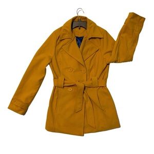 JOU JOU Mustard Trench Jacket-blue lined with belt-Size L- Nice Fall Coat!